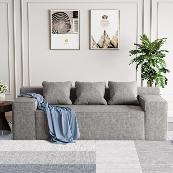 Modern 3-Seater Sofa, Hybrid Sofa in a Box, No Assembly Required, Comfy Sofa Couch with 3 Matching Pillows, Cat-Scratch Resistant Linen, Couch for Living Room or Bedroom, Grey - Image 2