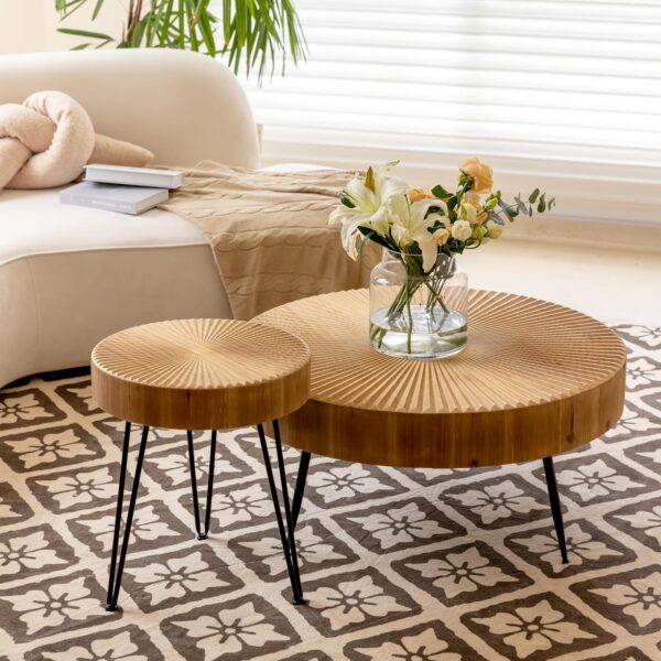 2-Piece Modern Farmhouse Living Room Coffee Table Set, Nesting Table Round Natural Finish with Handcrafted Wood Radial Pattern - Image 5