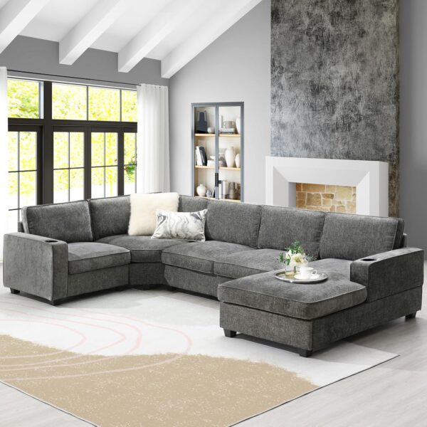 Merax Modern U-Shaped Cloud Couch Set with Oversized Chaise Lounge, Chenille 6-Seat Sectional Sofa Sleeper Bed with Cup Holders for Living Room Dark Gray - Image 3