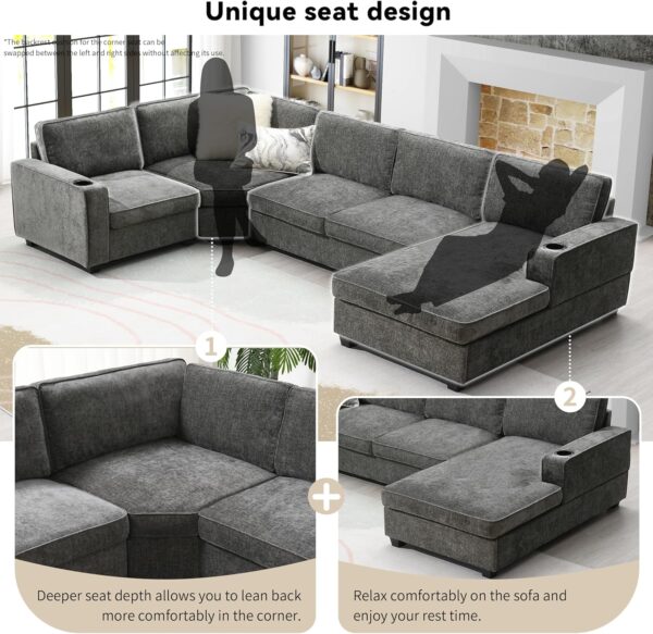 Merax Modern U-Shaped Cloud Couch Set with Oversized Chaise Lounge, Chenille 6-Seat Sectional Sofa Sleeper Bed with Cup Holders for Living Room Dark Gray - Image 6