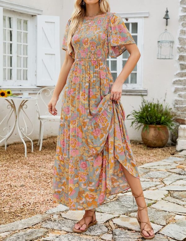 ZESICA Women's 2025 Summer Casual Floral Print Short Flutter Sleeve Crew Neck Smocked High Waist Flowy Maxi Dress - Image 3