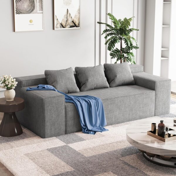 Modern 3-Seater Sofa, Hybrid Sofa in a Box, No Assembly Required, Comfy Sofa Couch with 3 Matching Pillows, Cat-Scratch Resistant Linen, Couch for Living Room or Bedroom, Grey - Image 5